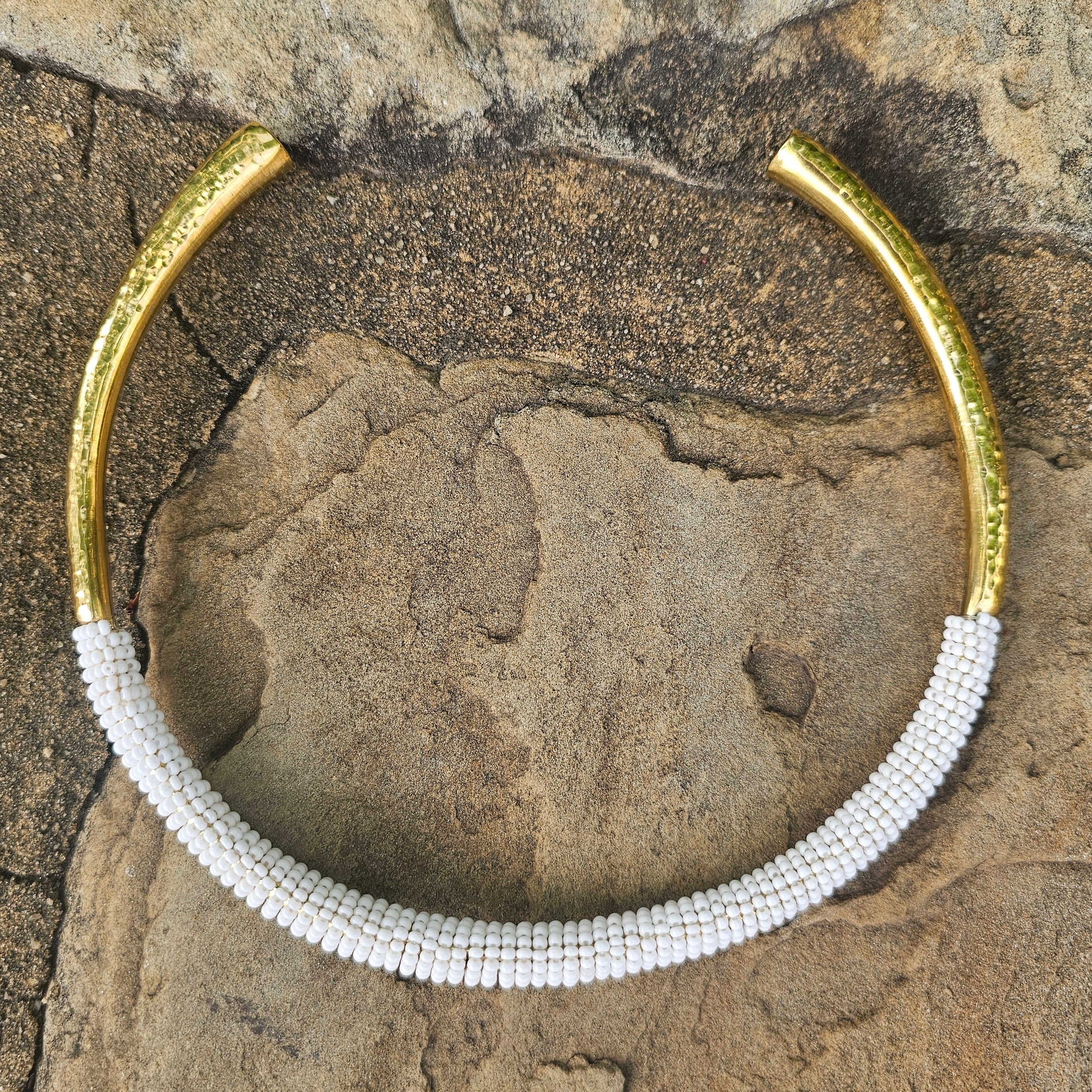 White Beaded Hammered Brass Choker