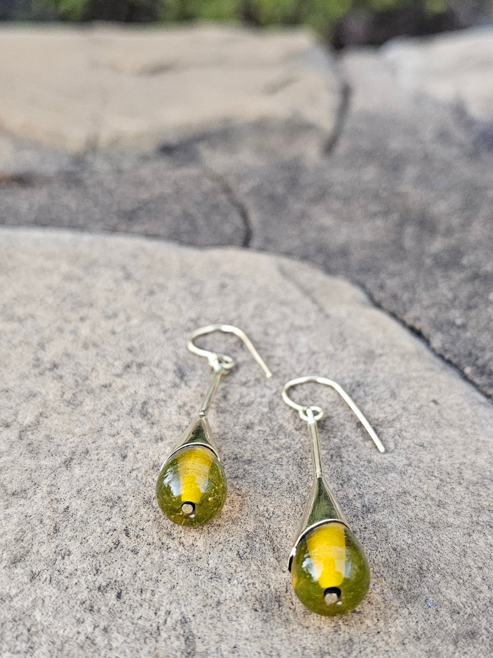 Yellow Glass & Brass Raindrop Threader Earrings