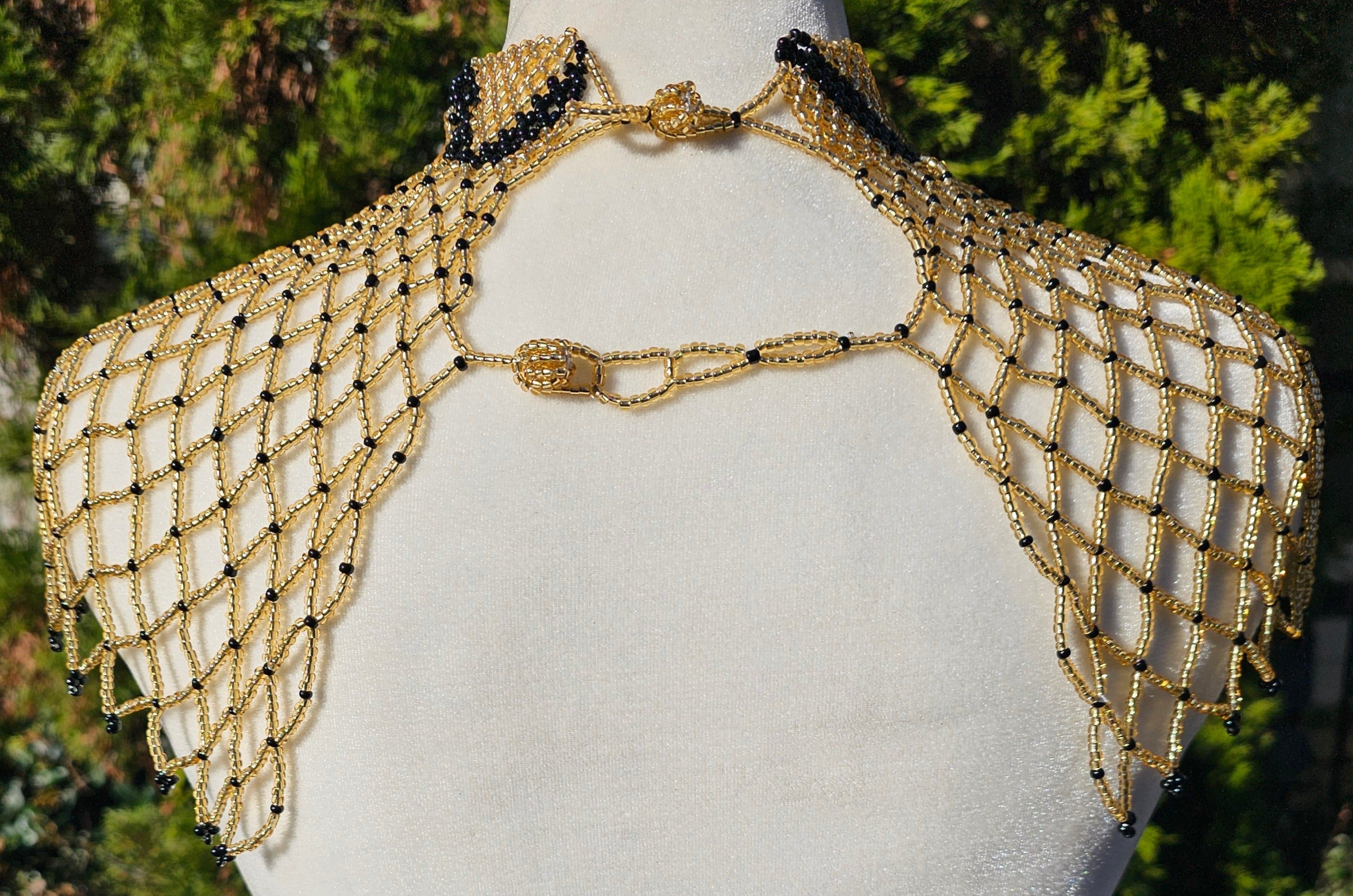 High Neck Light Gold & Black Beaded Collar Necklace