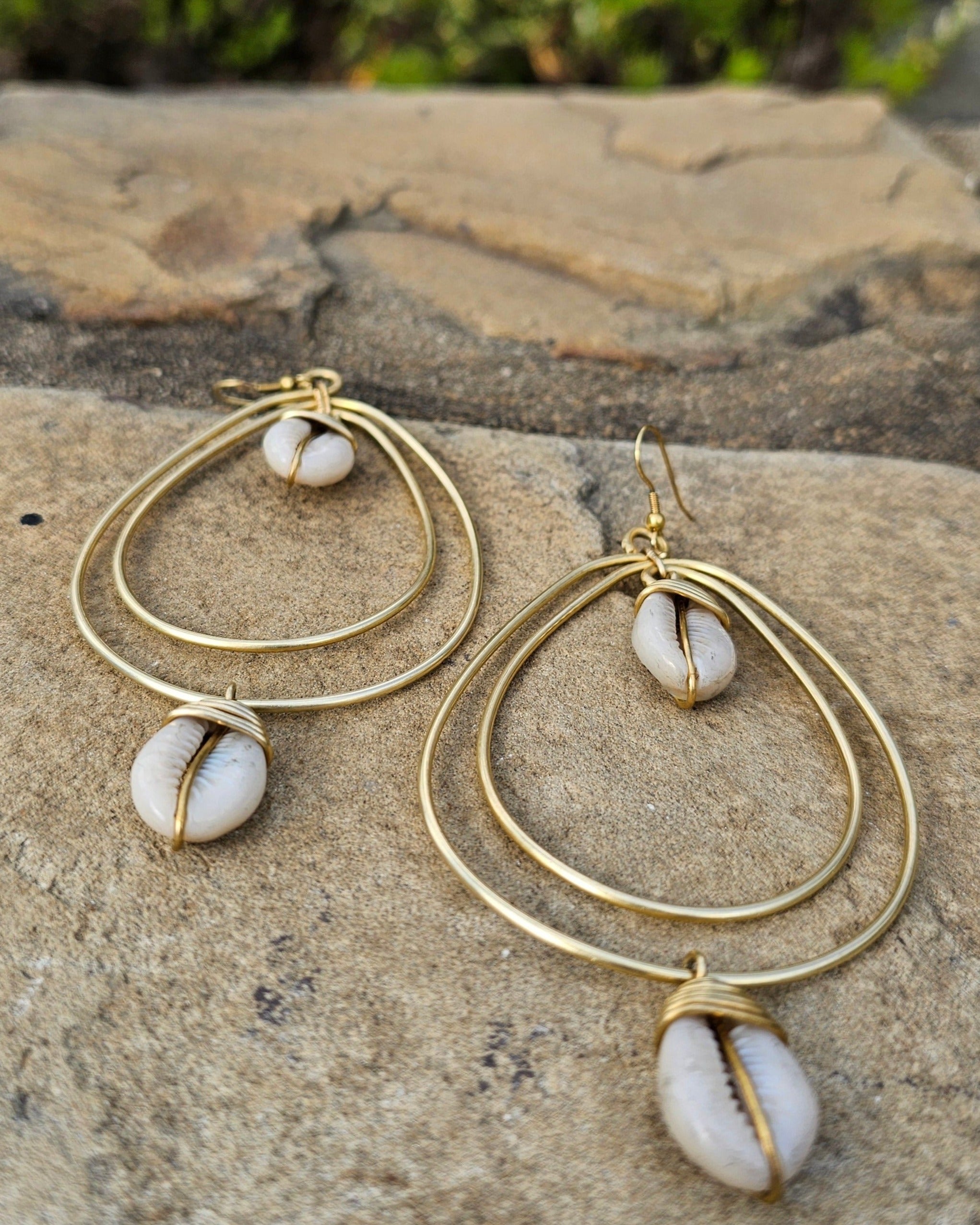 Cowrie Shell Teardrop Brass Earrings