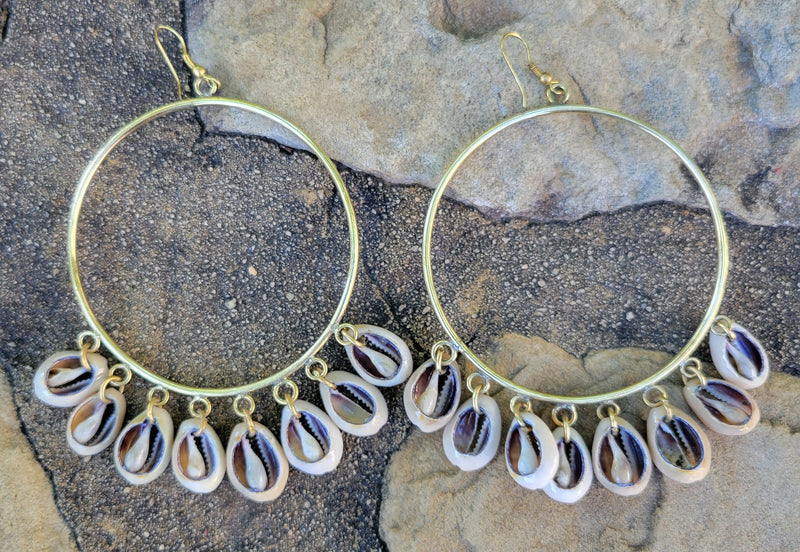 Large Cascading Cowrie Shell Hoop Earrings