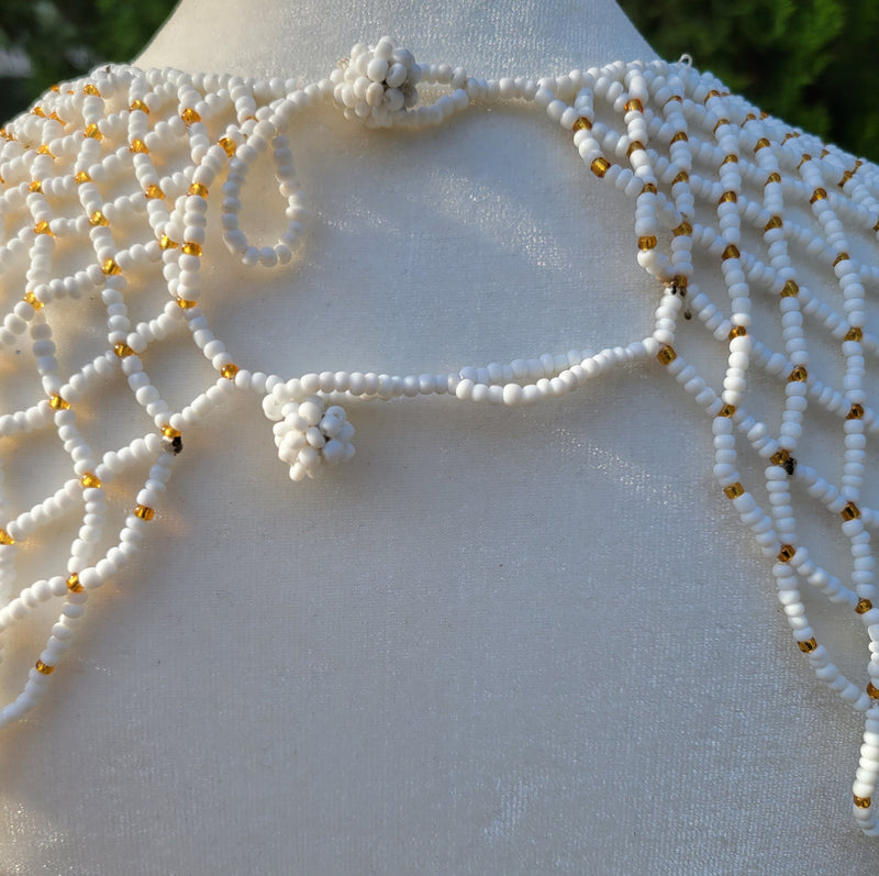 White & Light Gold Beaded Collar Necklace