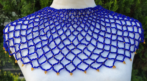 Blue & Gold Beaded Collar Necklace