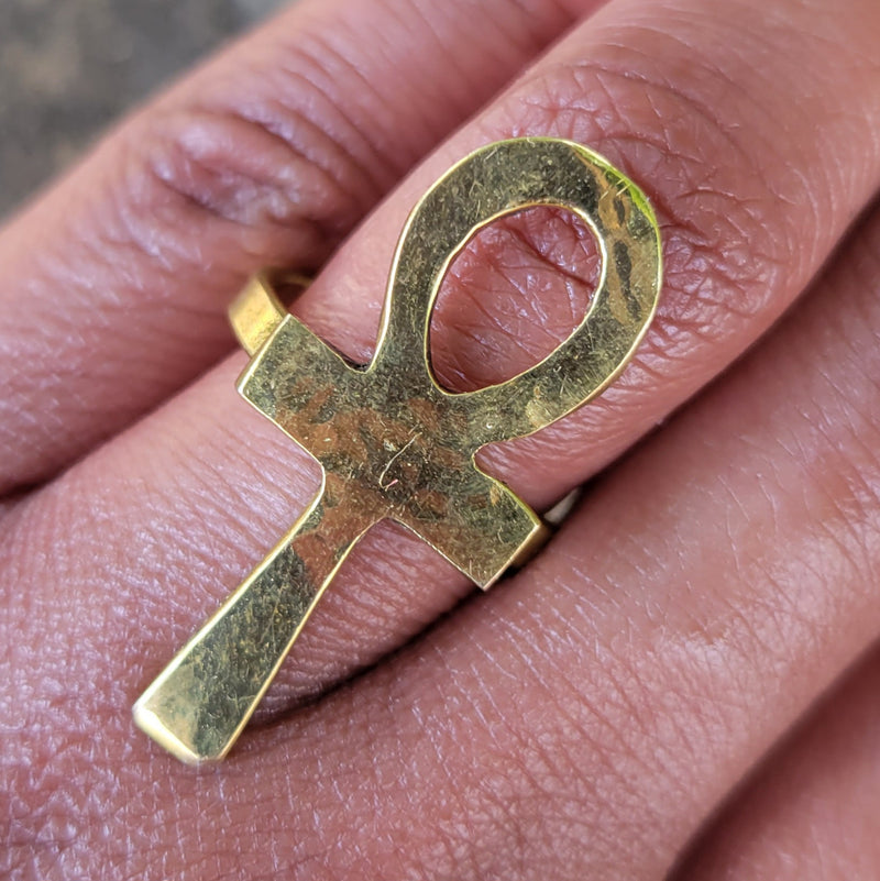 Large Hammered Ankh Adjustable Brass Ring