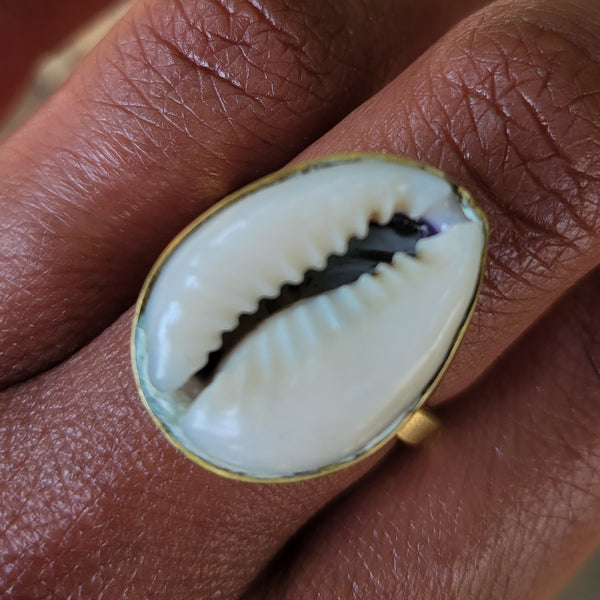Cowrie Shell Adjustable Brass Ring