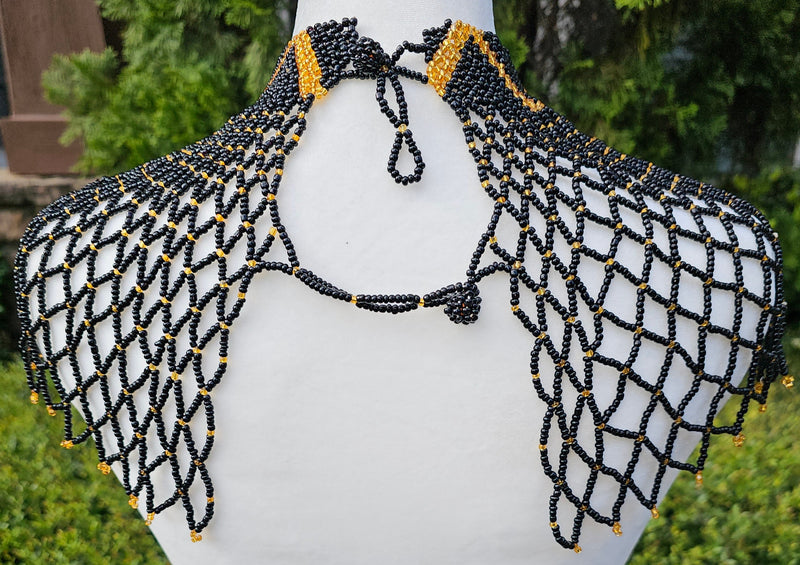 High Neck Black & Gold Beaded Collar Necklace