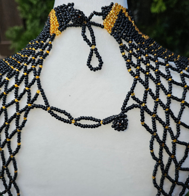 High Neck Black & Gold Beaded Collar Necklace