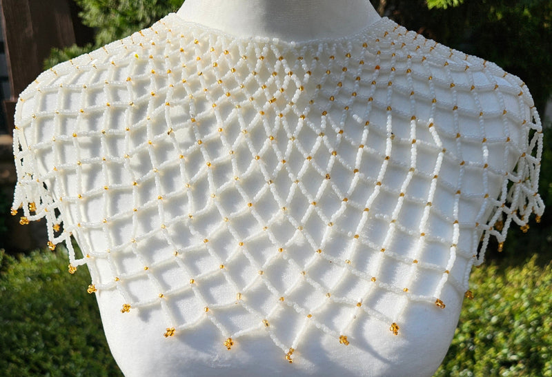 Pearlescent White & Light Gold Beaded Collar Necklace