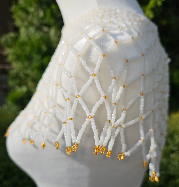 Pearlescent White & Light Gold Beaded Collar Necklace