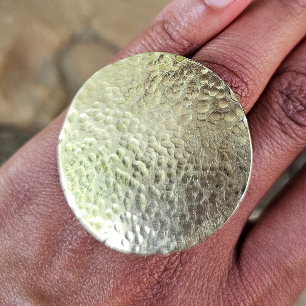 Large Hammered Circle Adjustable Brass Ring