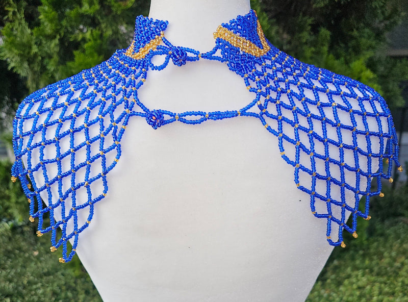 High Neck Blue & Gold Beaded Collar Necklace