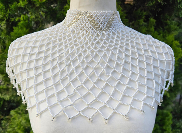 High Neck White & Clear Beaded Collar Necklace