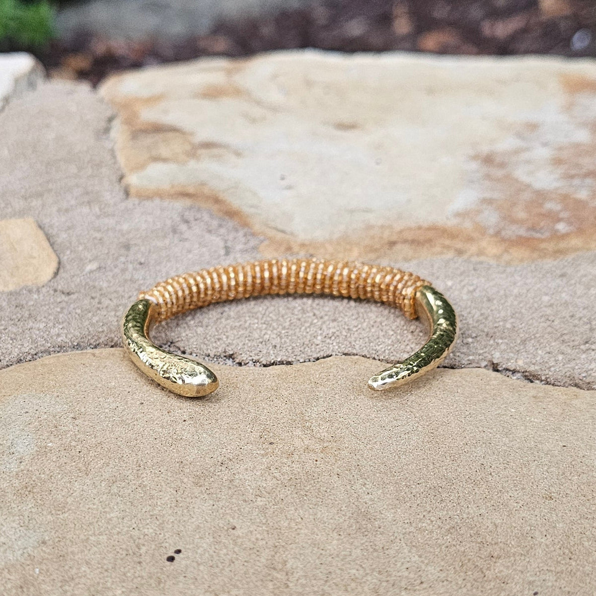 Hammered Gold Beaded Lion's Tooth Open Brass Bracelet