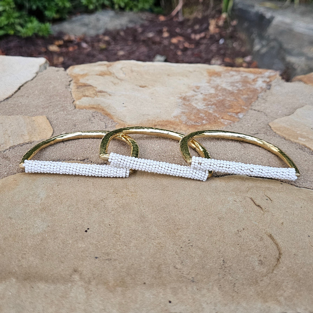 Hammered White Beaded U Brass Bracelet