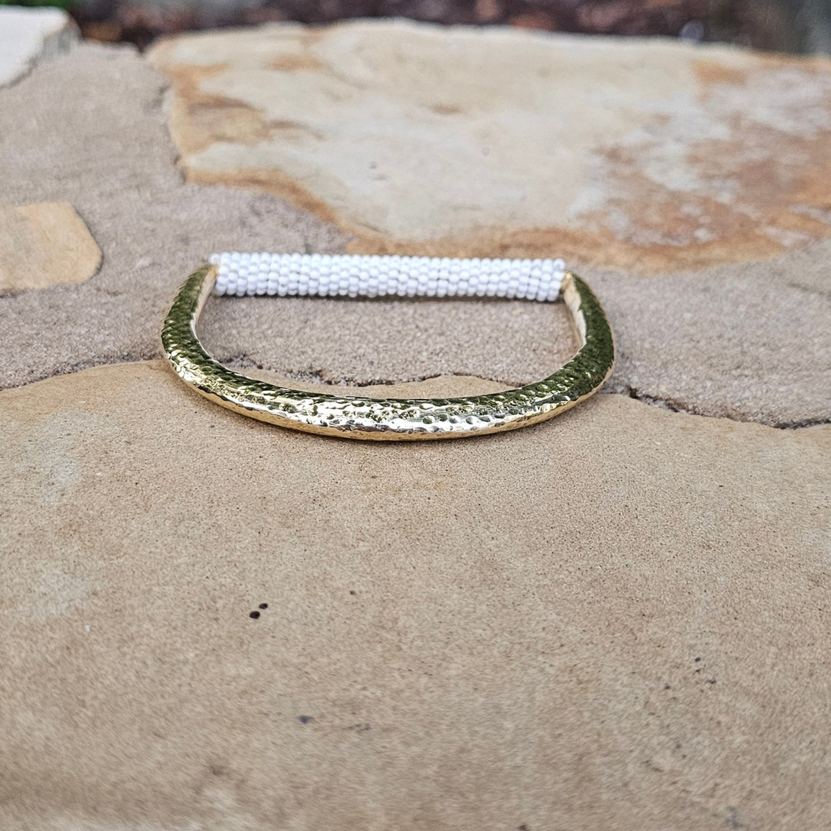 Hammered White Beaded U Brass Bracelet