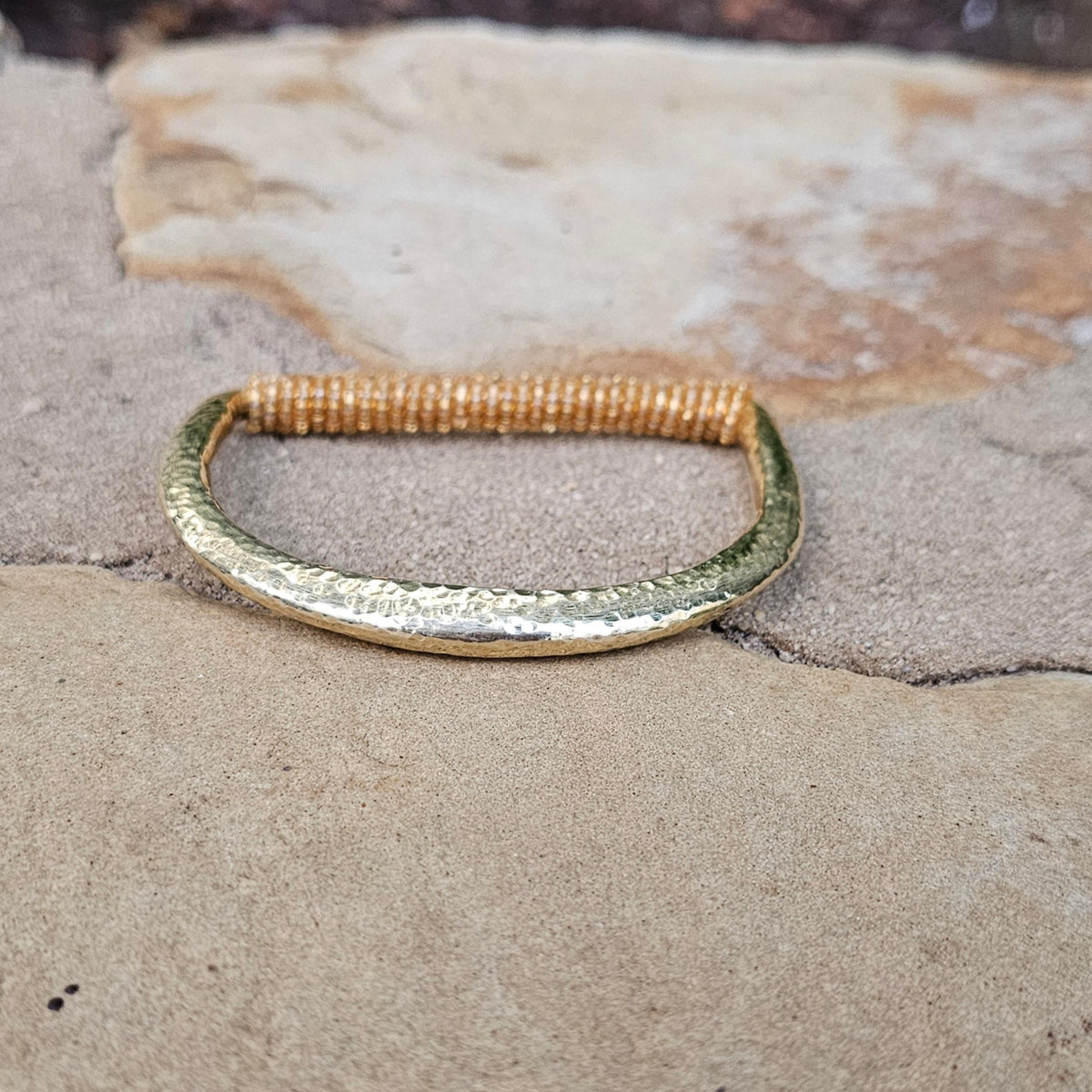 Hammered Gold Beaded U Brass Bracelet