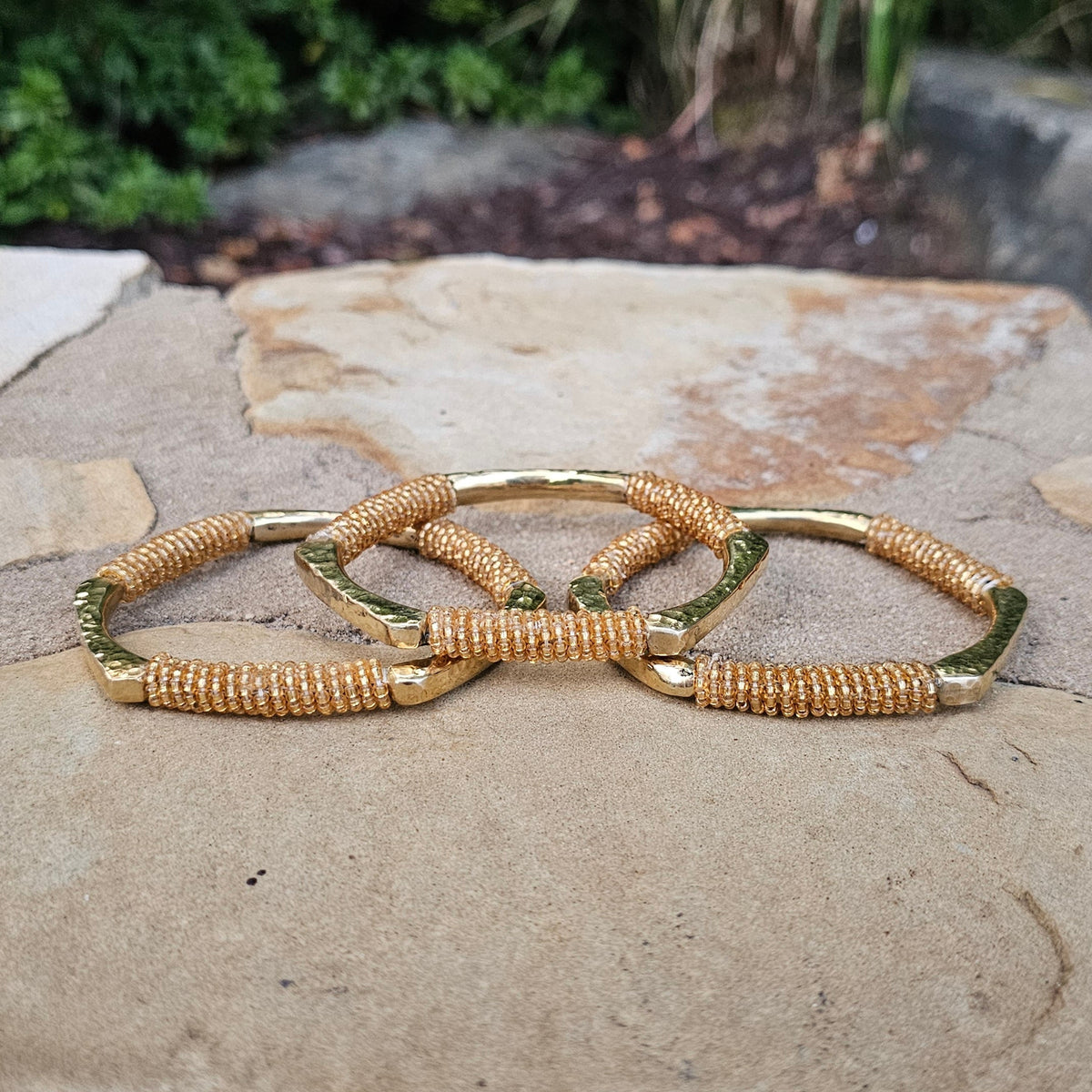 Hammered Gold Beaded Hexagon Brass Bracelet