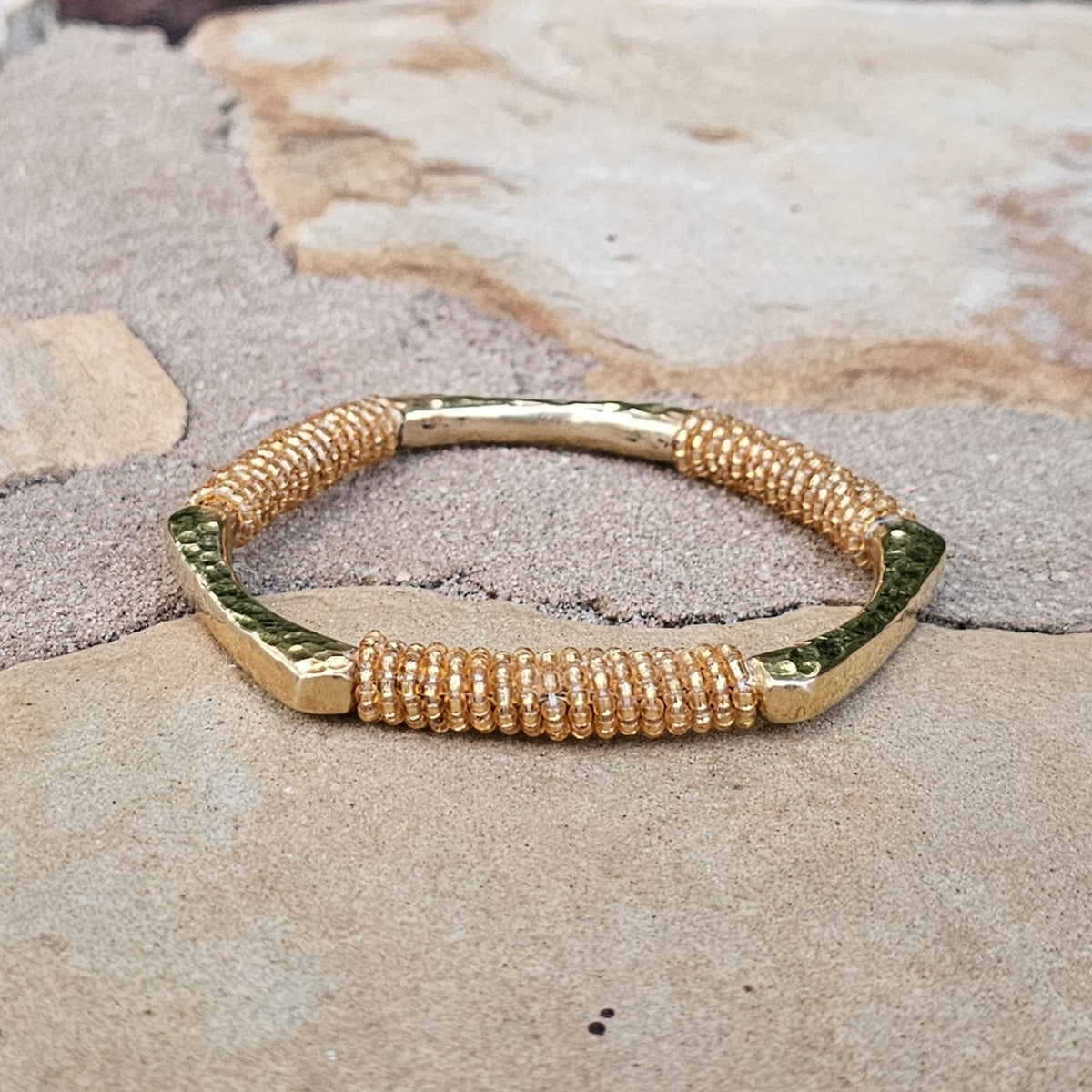 Hammered Gold Beaded Hexagon Brass Bracelet