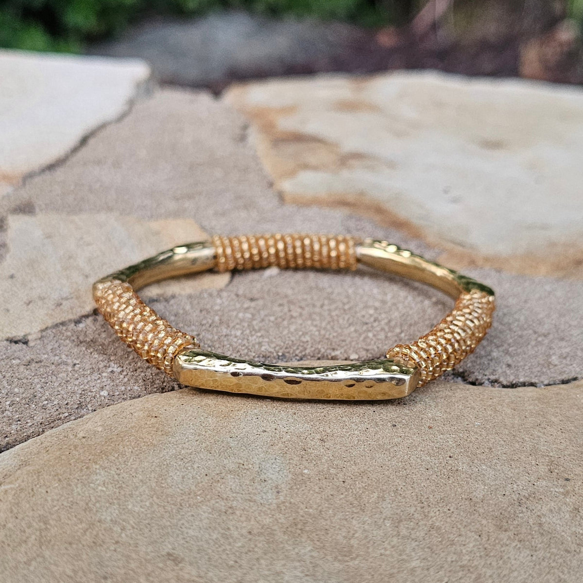 Hammered Gold Beaded Hexagon Brass Bracelet