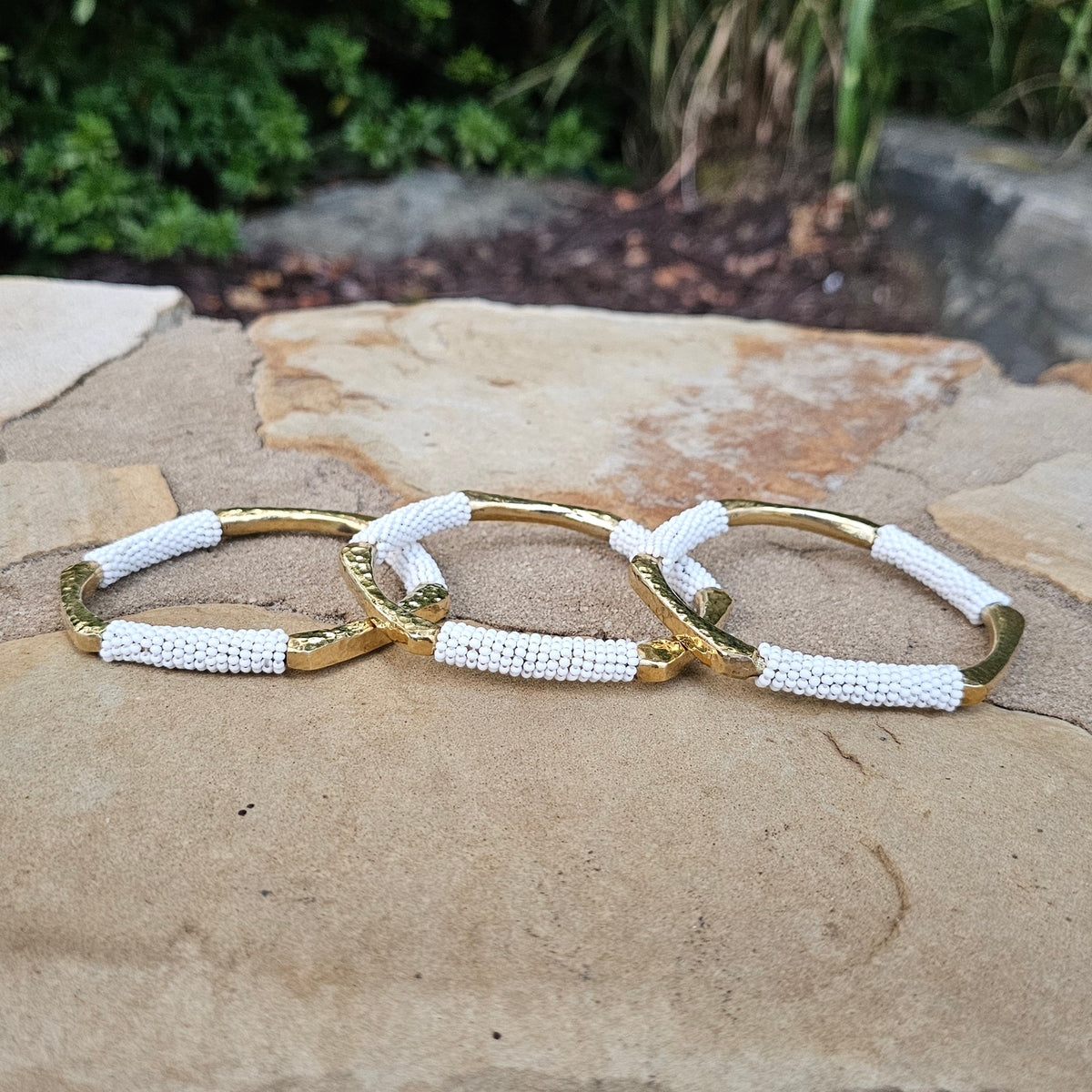 Hammered White Beaded Hexagon Brass Bracelet