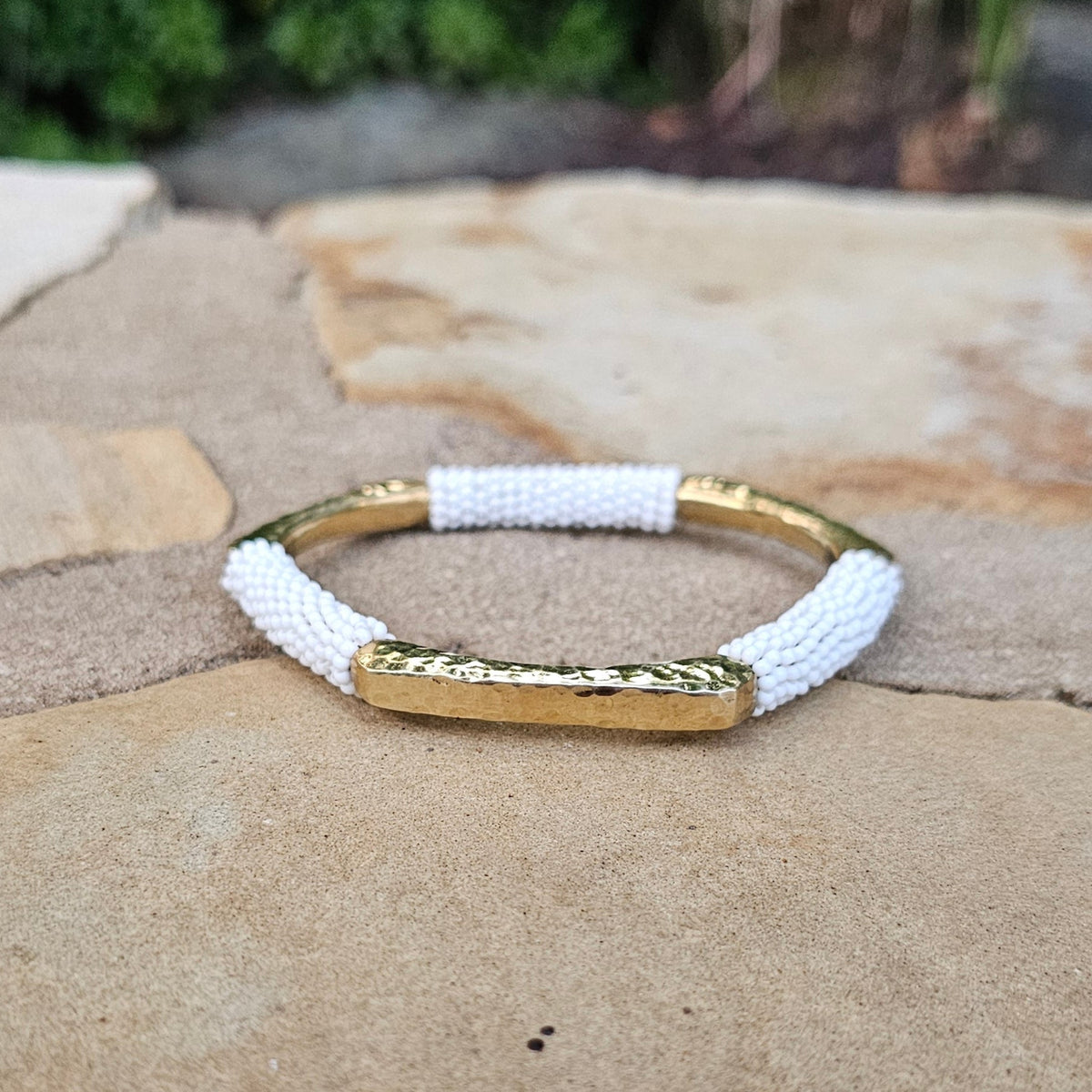 Hammered White Beaded Hexagon Brass Bracelet