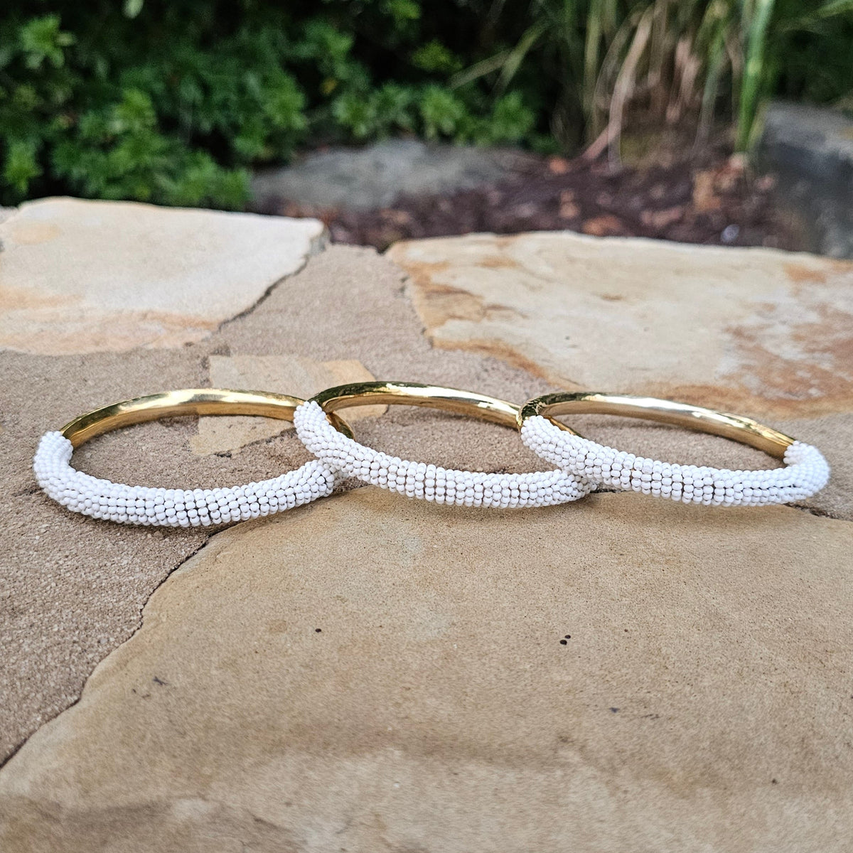 Hammered Half White Beaded Brass Bangle