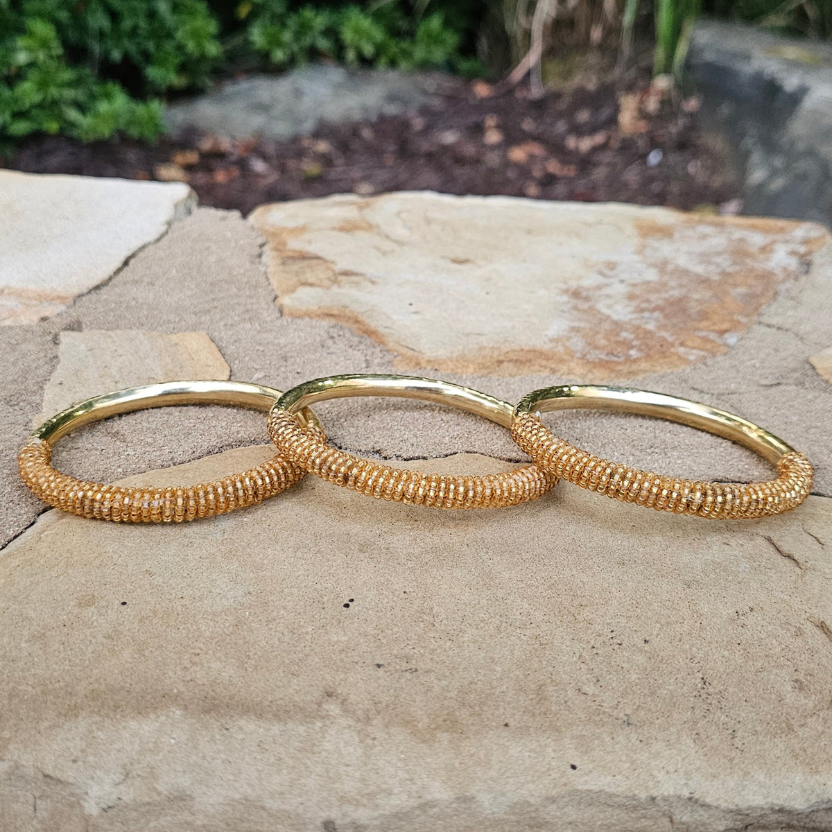 Hammered Half Gold Beaded Brass Bangle