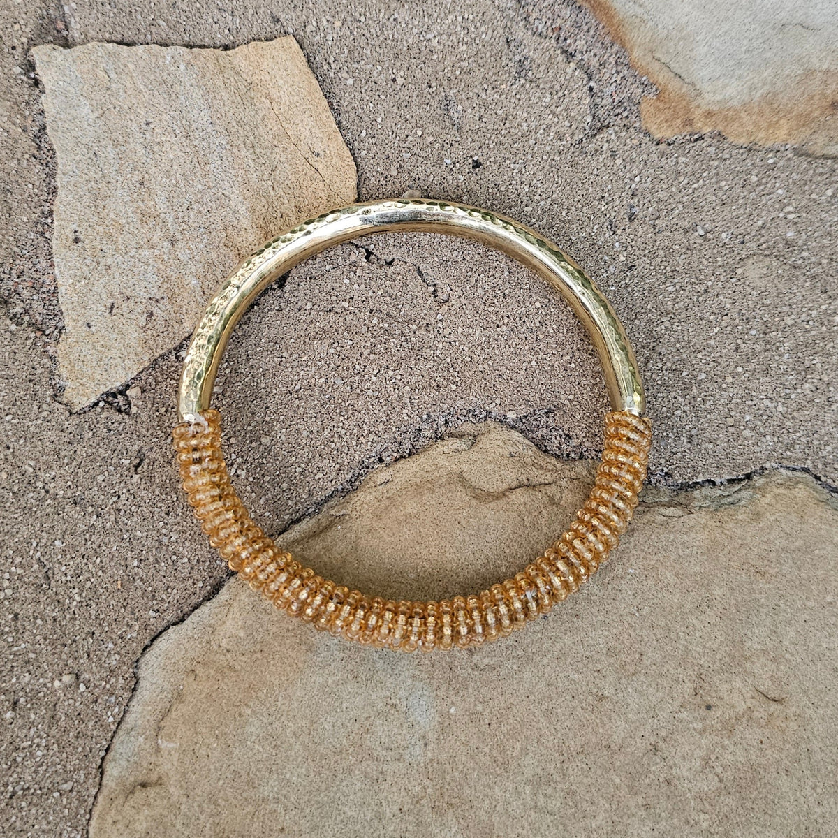 Hammered Half Gold Beaded Brass Bangle