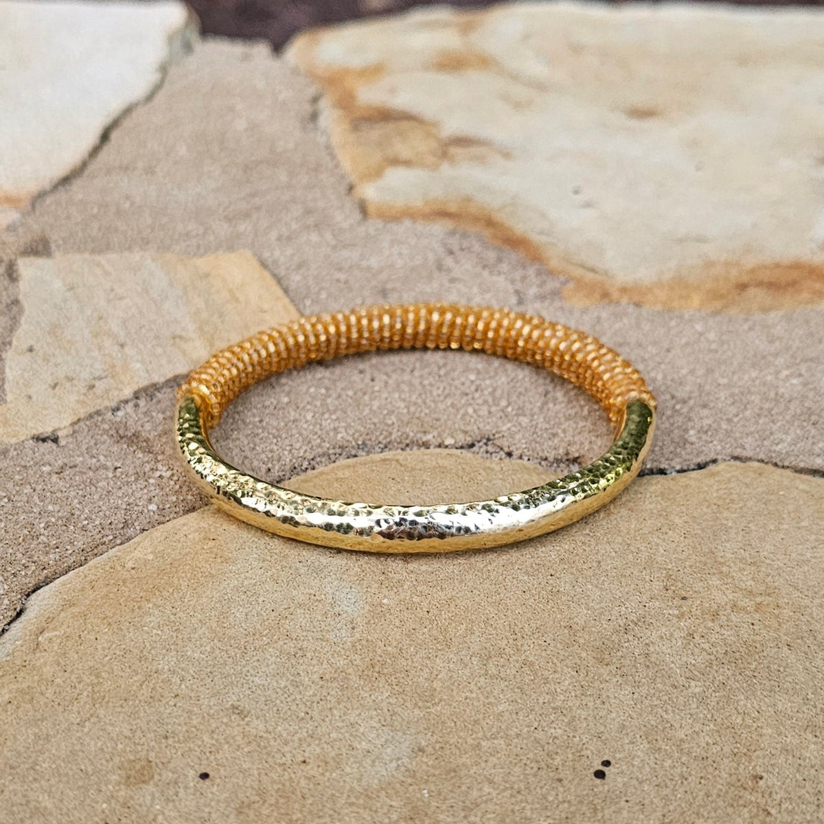 Hammered Half Gold Beaded Brass Bangle