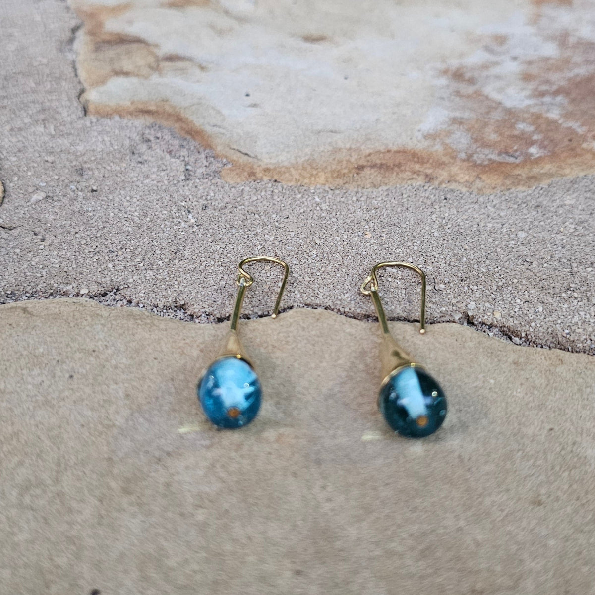 Sky Blue Glass & Brass Raindrop Threader Earrings