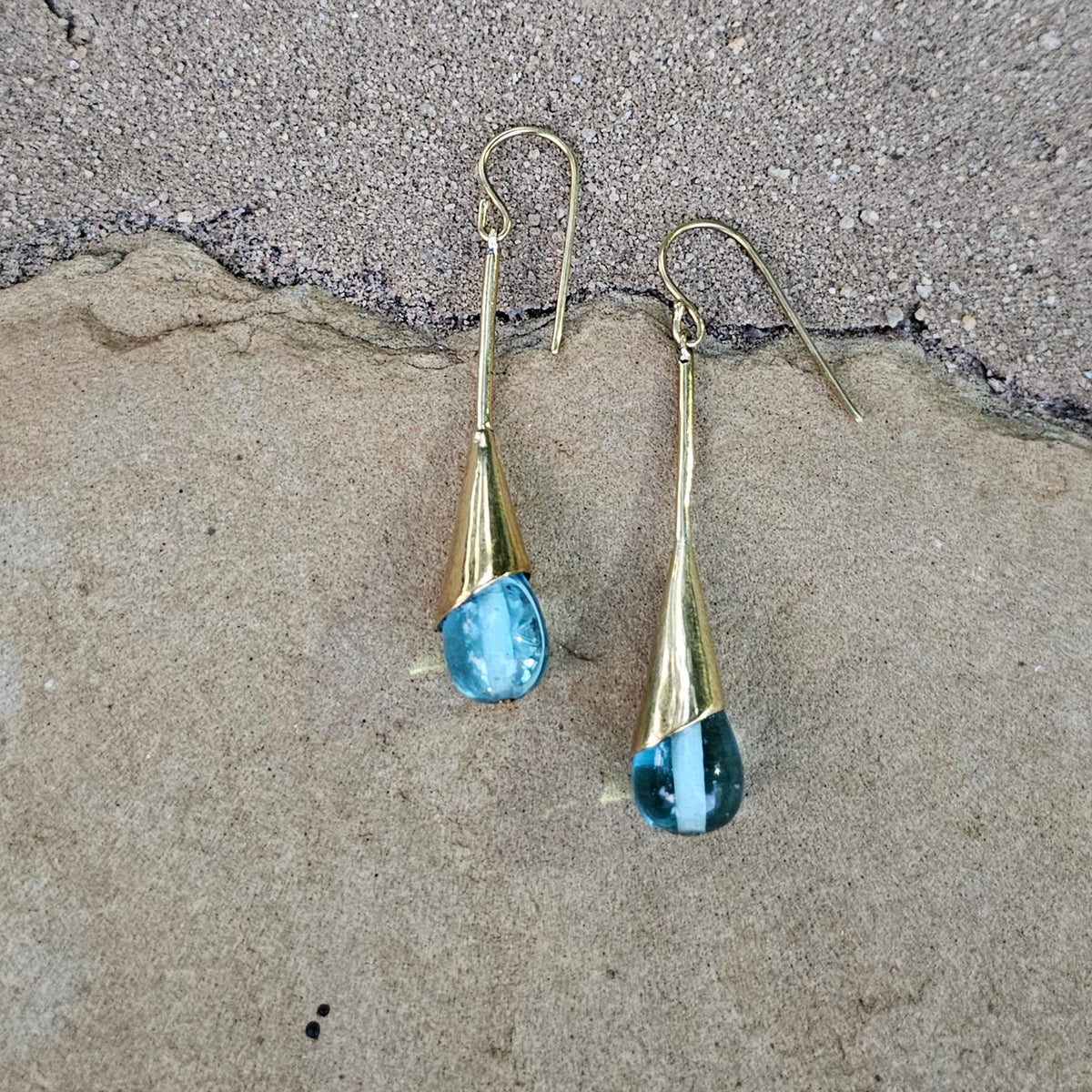 Sky Blue Glass & Brass Raindrop Threader Earrings