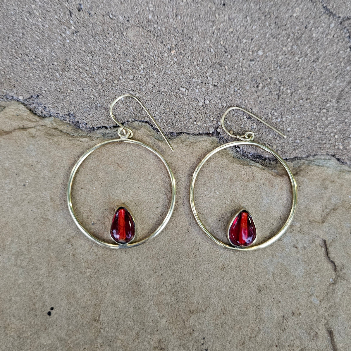 Red Glass and Brass Hoop Earrings