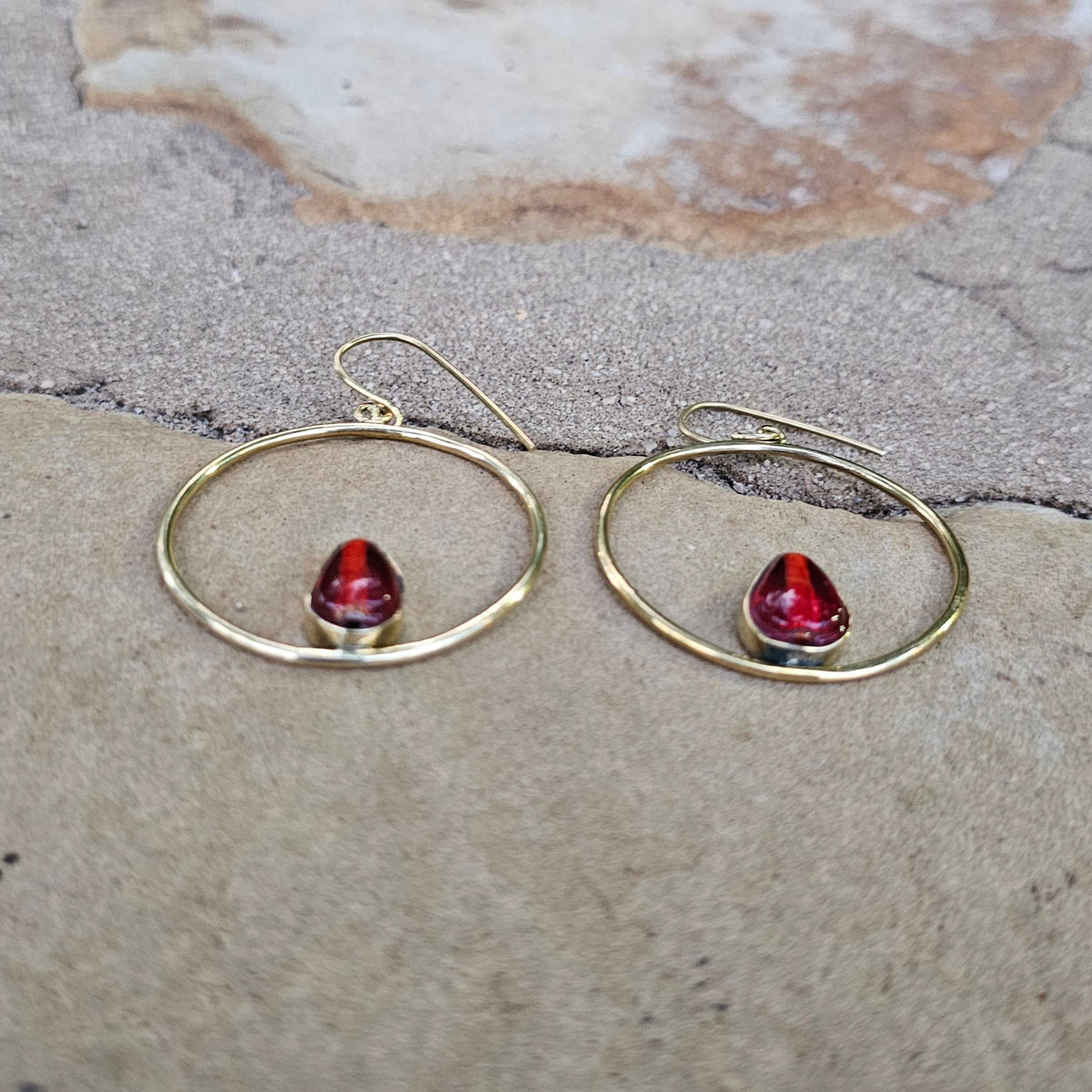 Red Glass and Brass Hoop Earrings