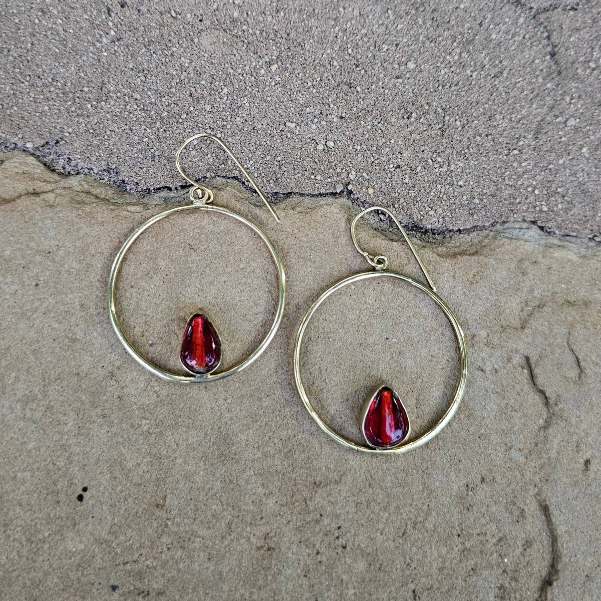 Red Glass and Brass Hoop Earrings