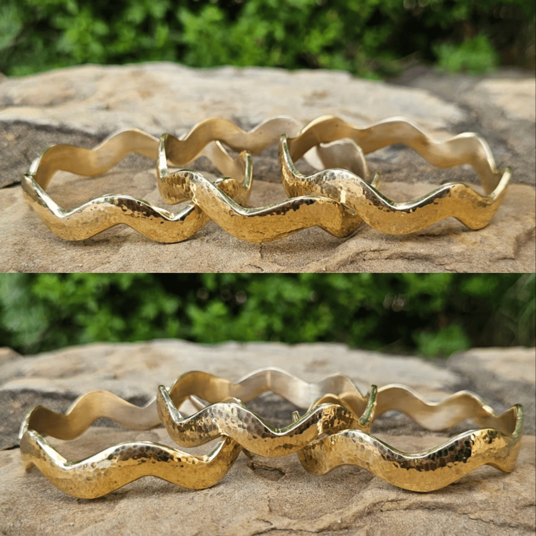 A hammered gold-tone wavy bangle bracelet displayed on a stone surface with a blurred green garden background. The image is split into two stacked panels showing the bracelet from slightly different angles. Shop Kamawe