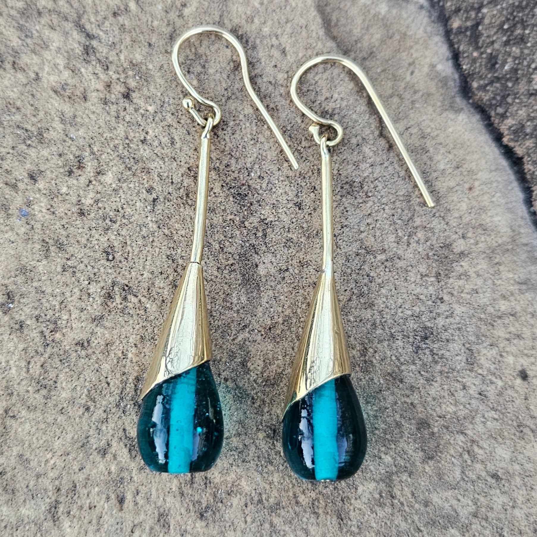 Blue Glass & Brass Raindrop Threader Earrings