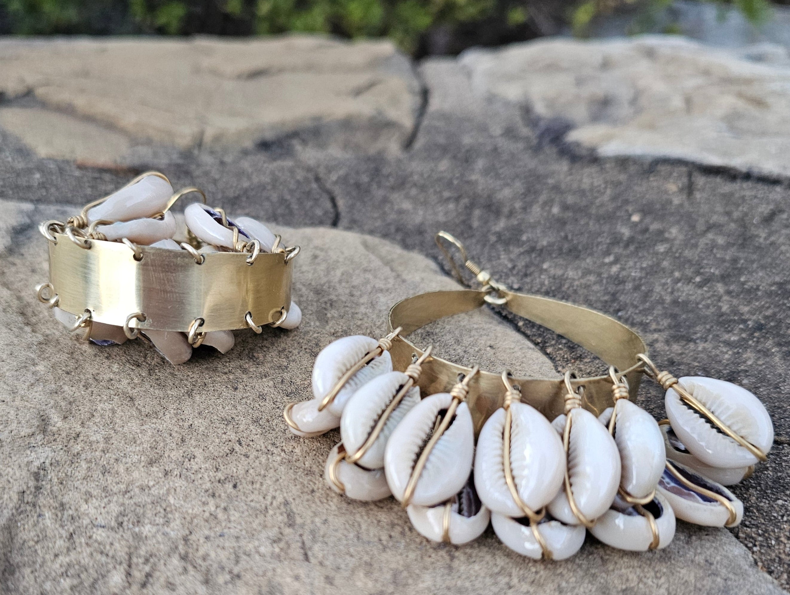 Cowrie Shell Doorknocker Brass Earrings