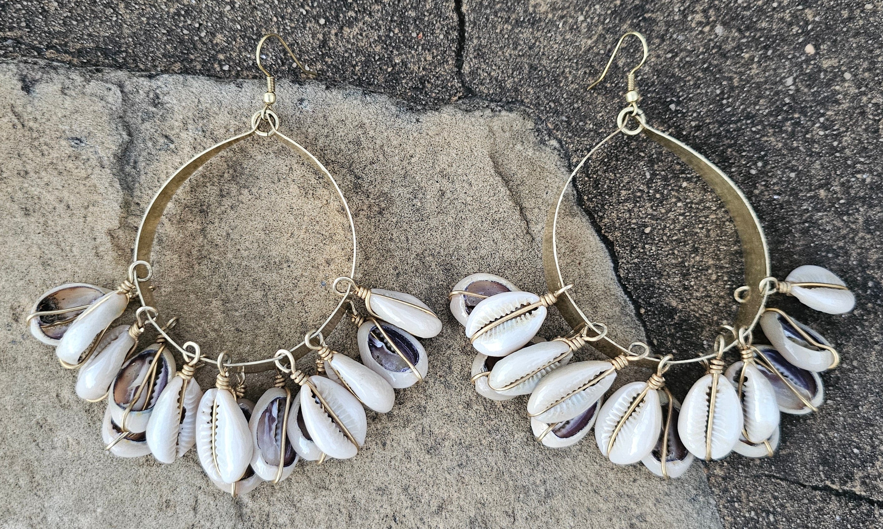 Cowrie Shell Doorknocker Brass Earrings