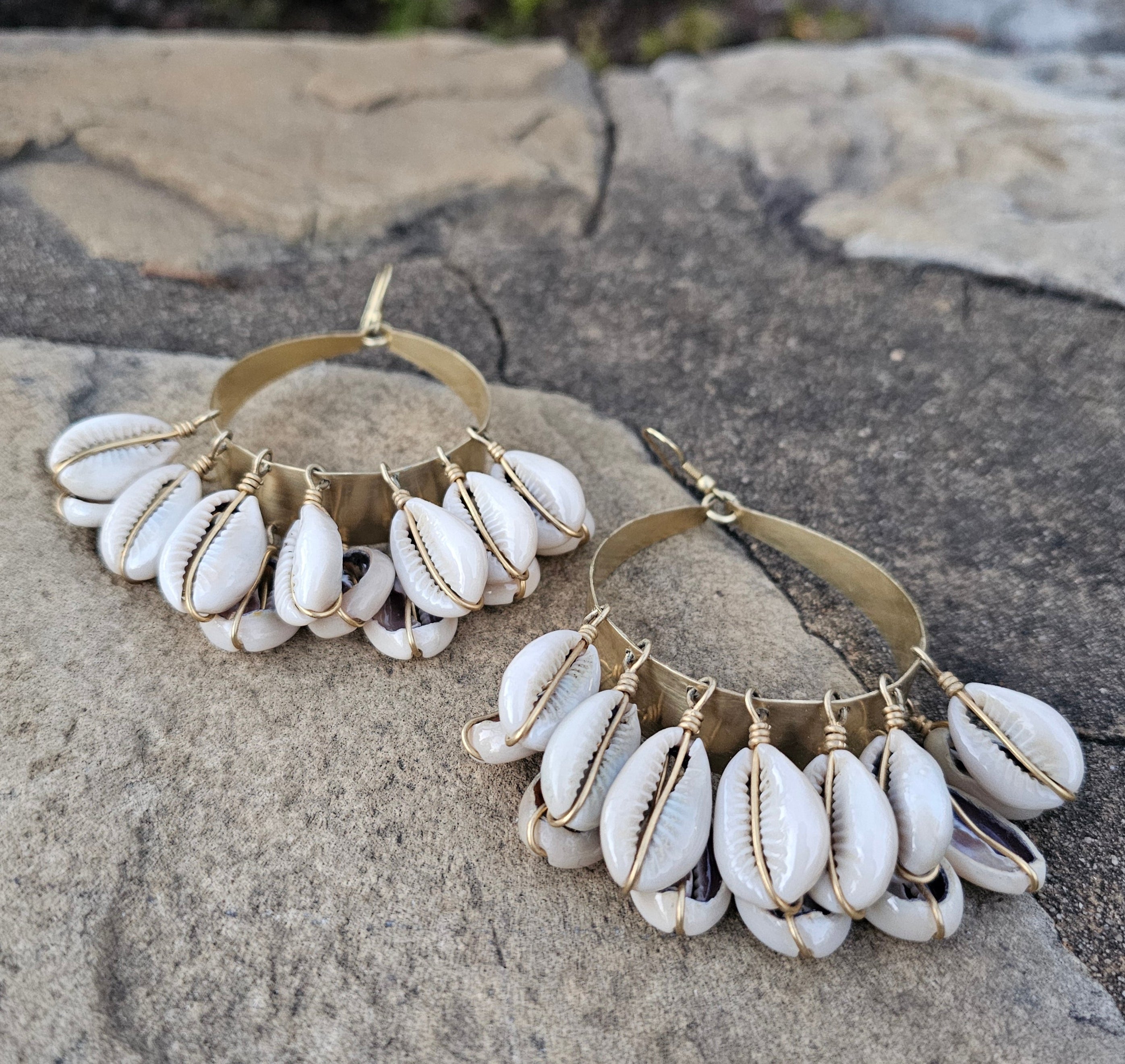 Cowrie Shell Doorknocker Brass Earrings