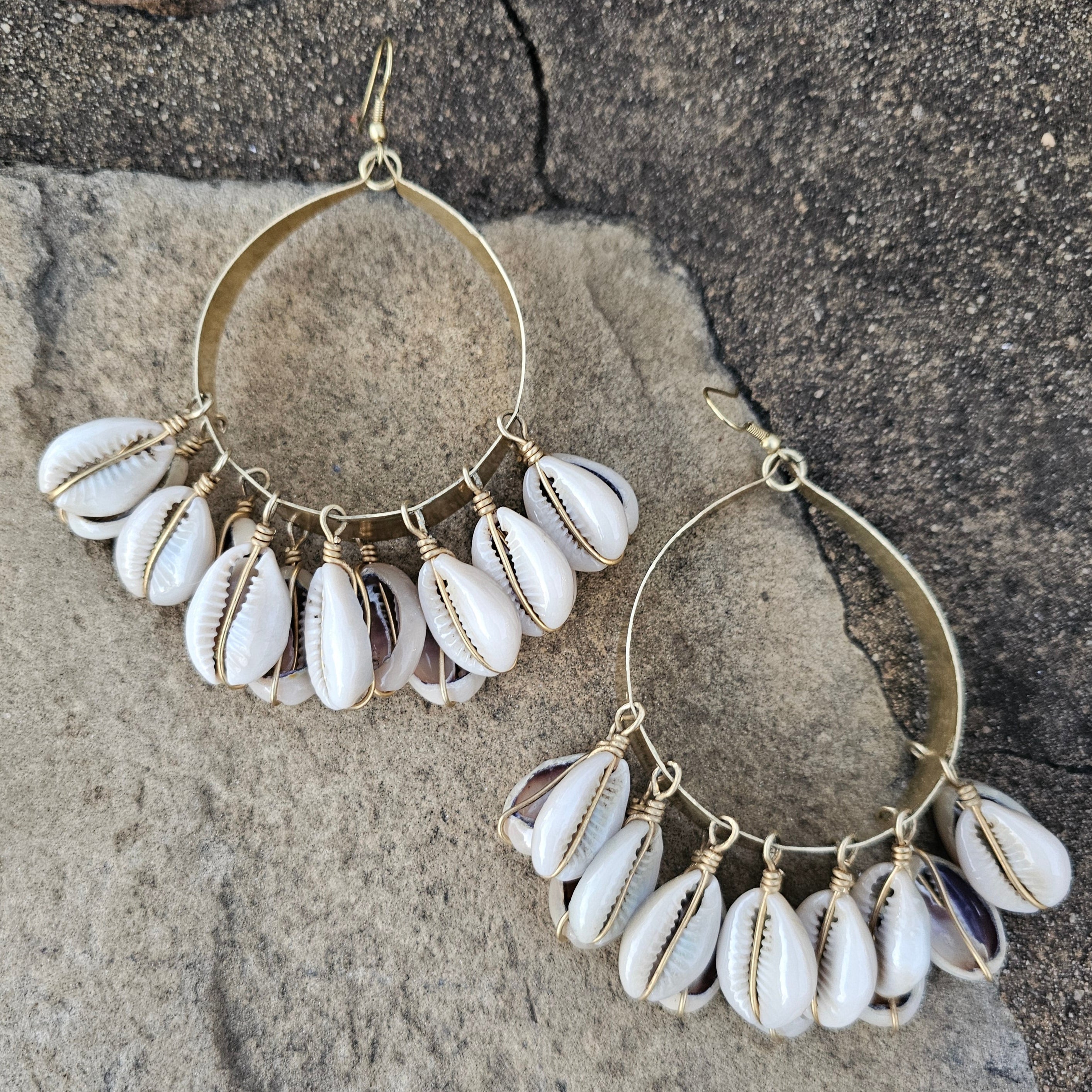 Cowrie Shell Doorknocker Brass Earrings