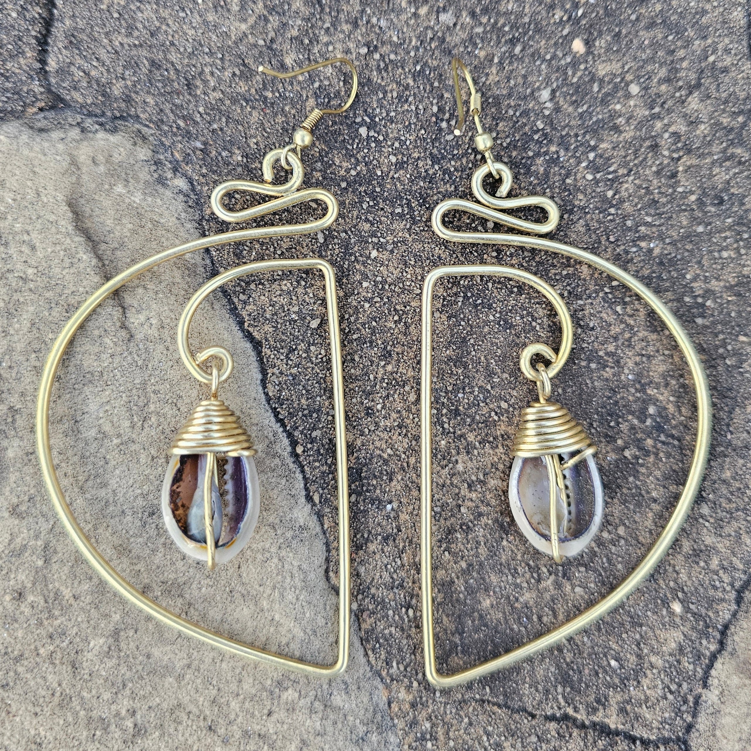 Curved Cowrie Shell Brass Earrings