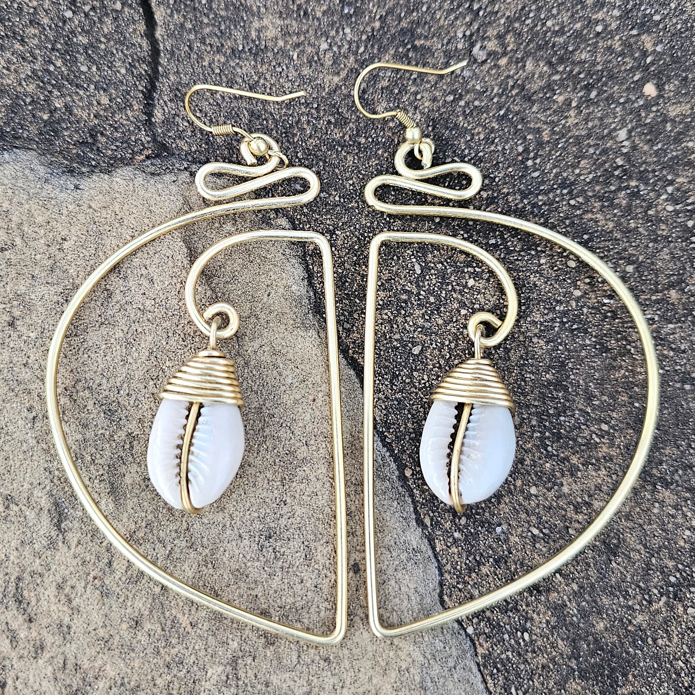 Curved Cowrie Shell Brass Earrings