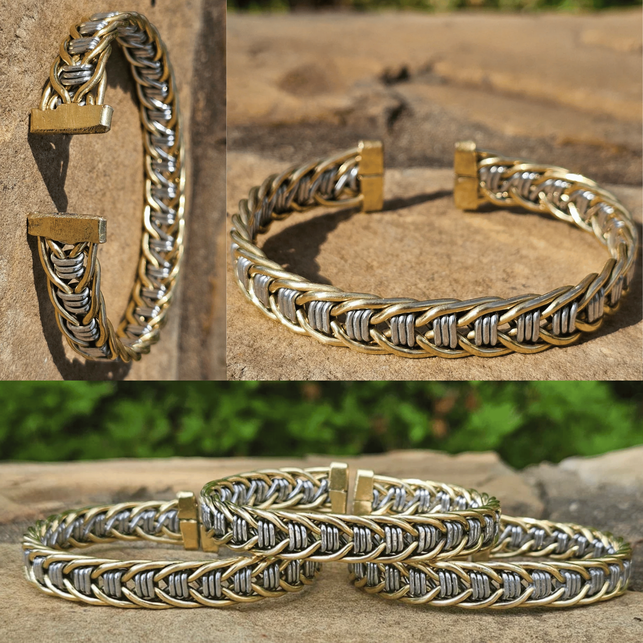 A woven open cuff bracelet shown in three views: on a textured stone surface, laid flat on a rock, and coiled outdoors. The bracelet has a braided gold and silver chain design with gold-toned end caps. Shop Kamawe