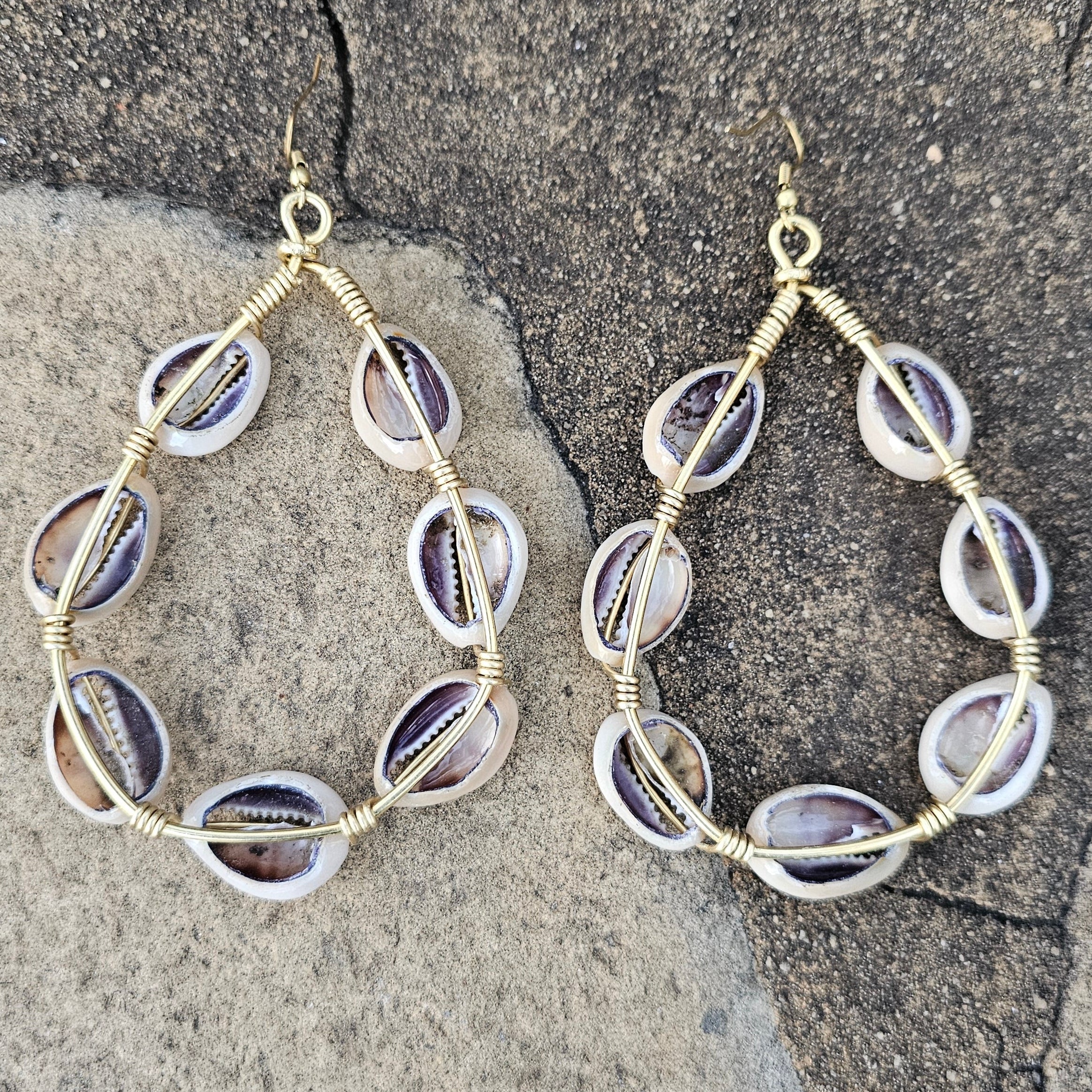 Full Cowrie Shell Teardrop Brass Earrings