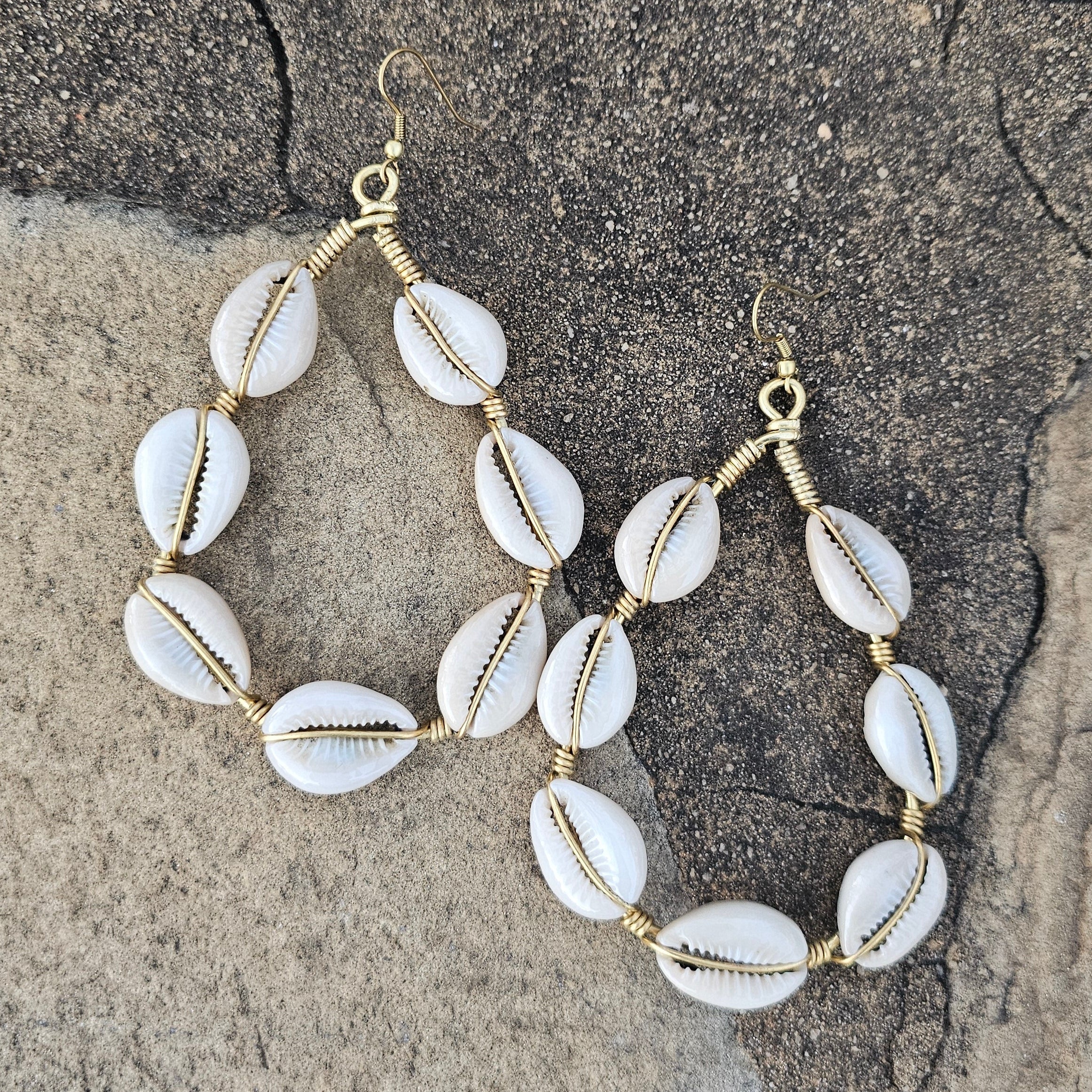 Full Cowrie Shell Teardrop Brass Earrings