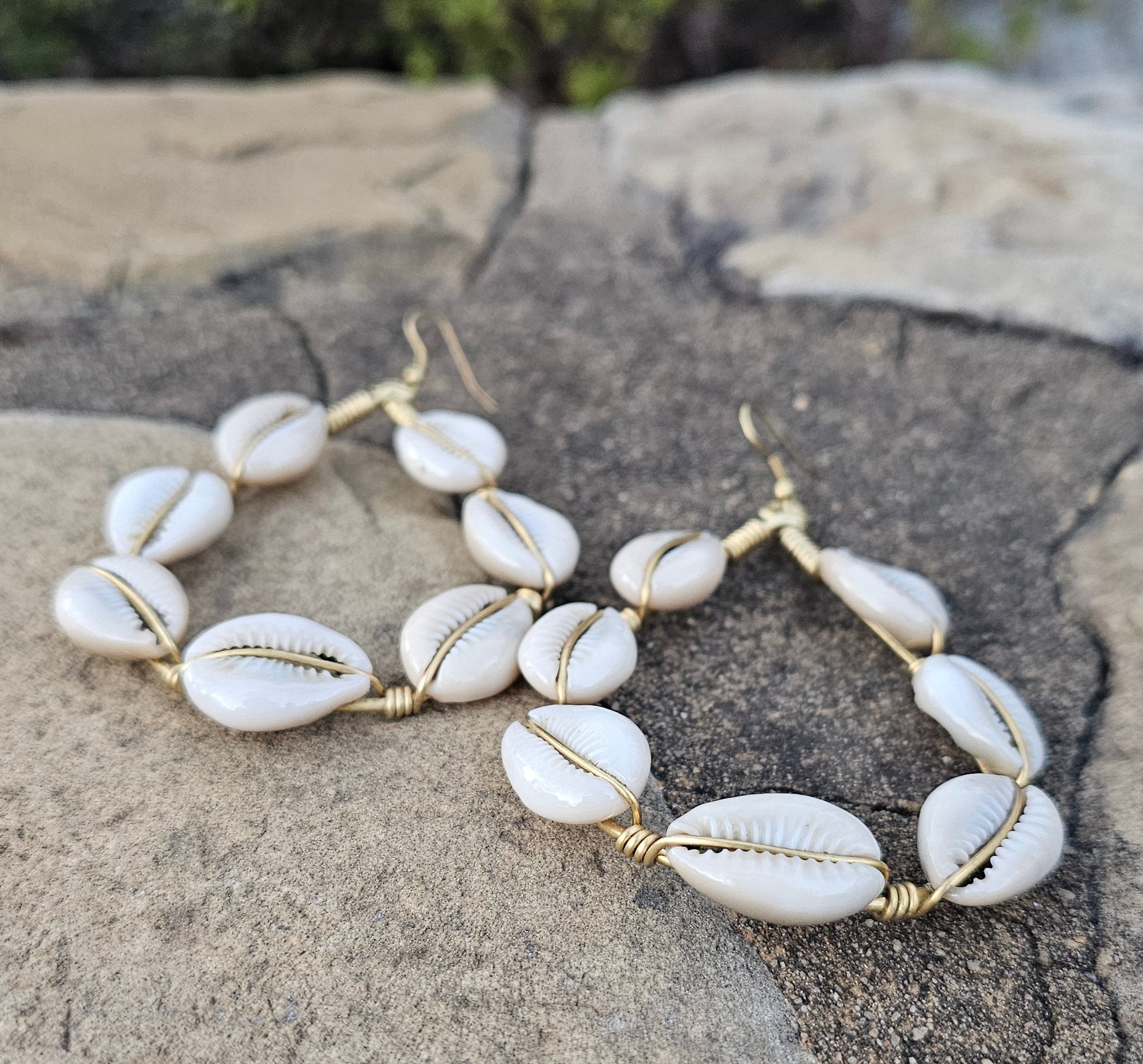 Full Cowrie Shell Teardrop Brass Earrings