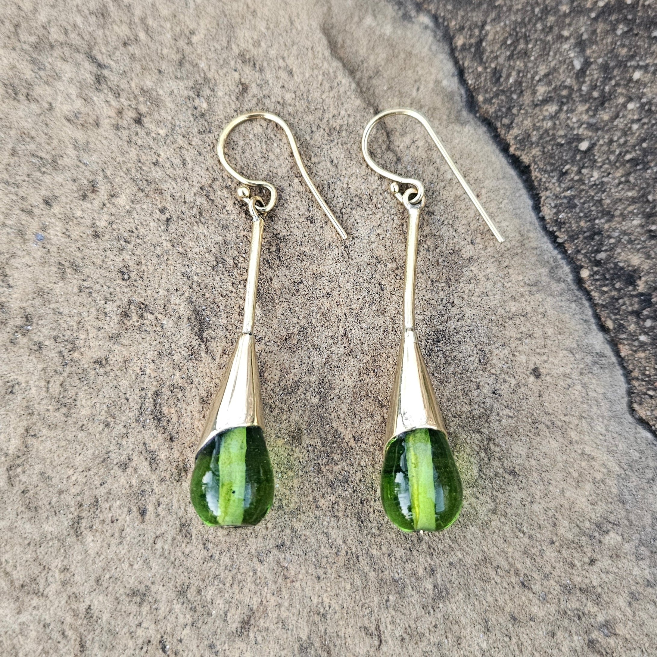 Green Glass & Brass Raindrop Threader Earrings