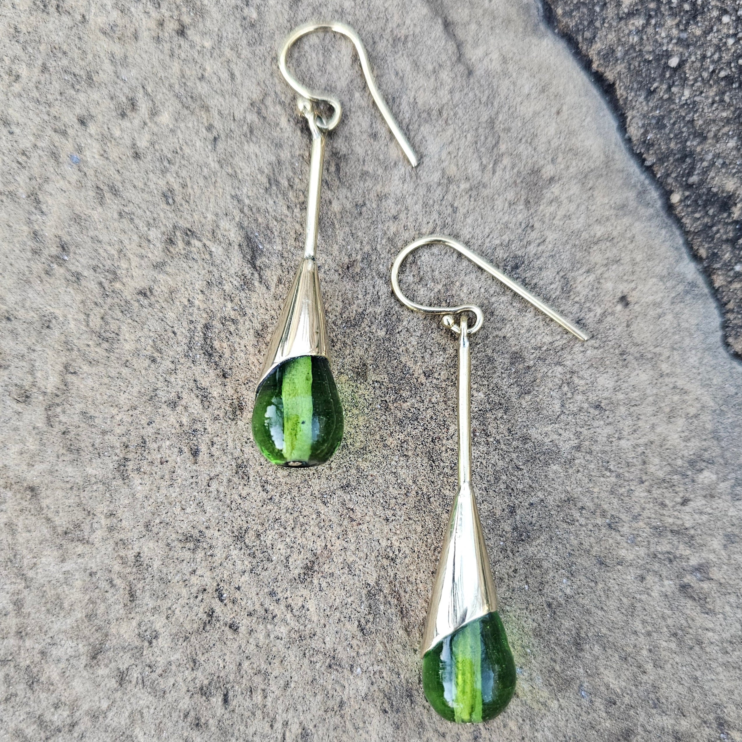 Green Glass & Brass Raindrop Threader Earrings