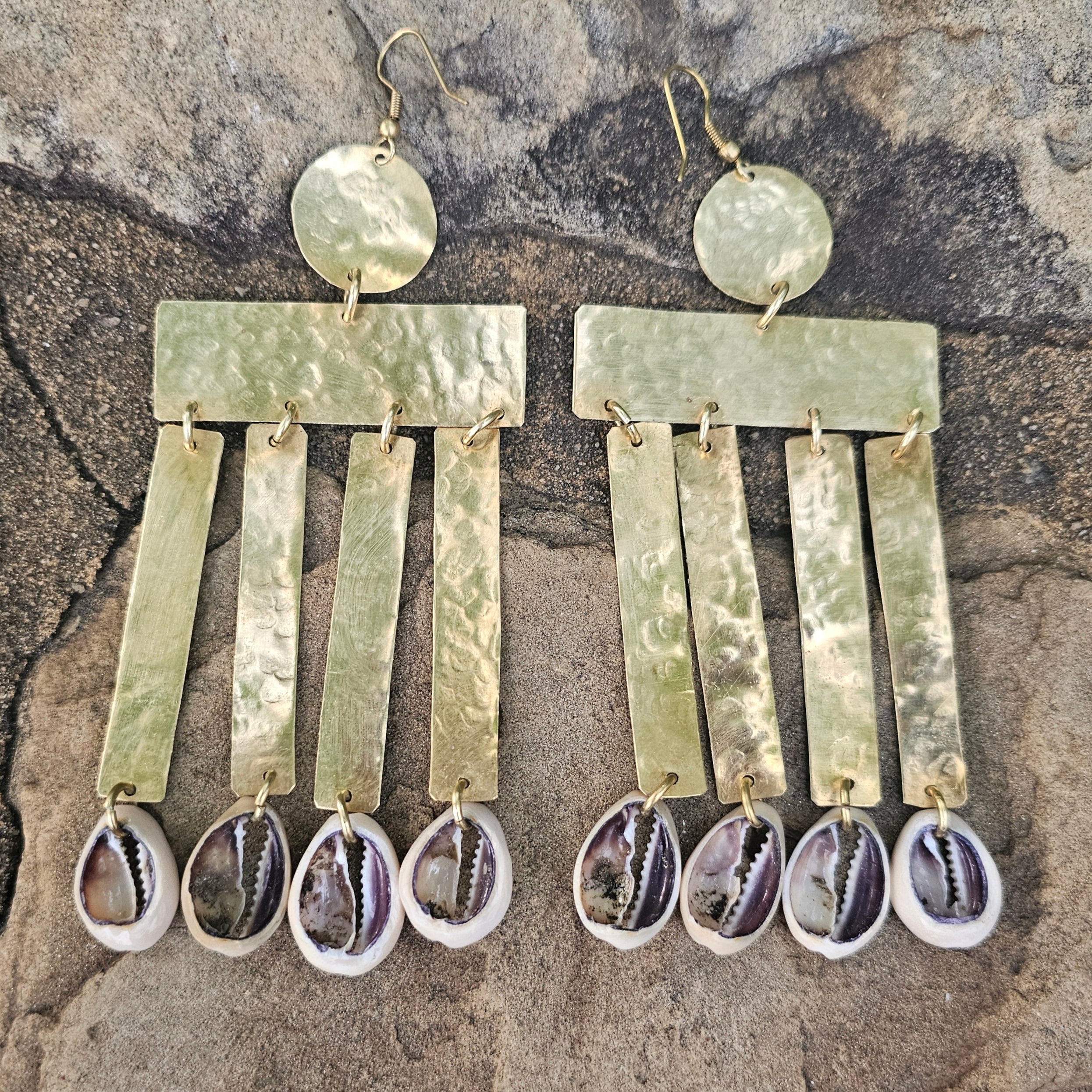 Hammered Cowrie Shell Column Brass Earrings