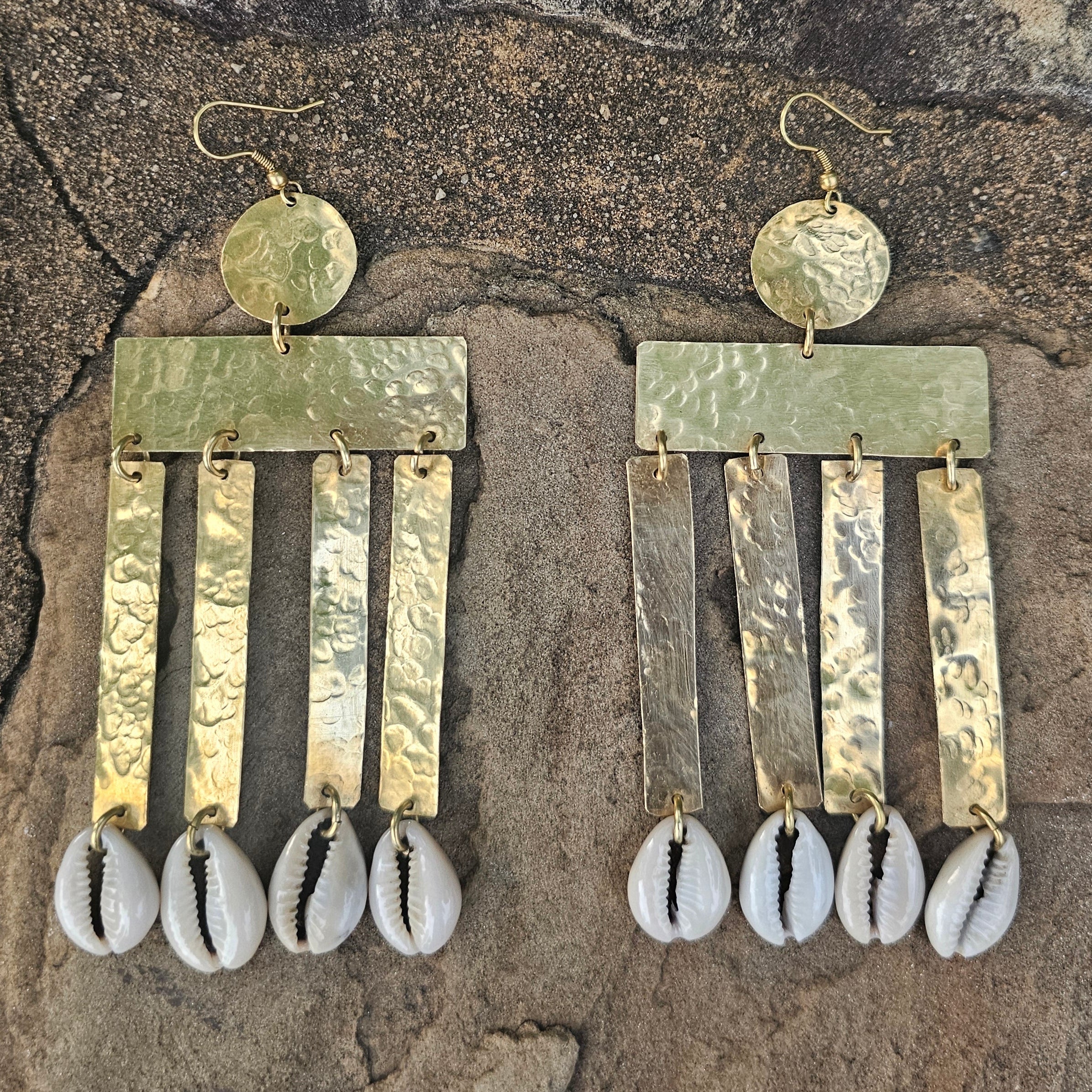 Hammered Cowrie Shell Column Brass Earrings